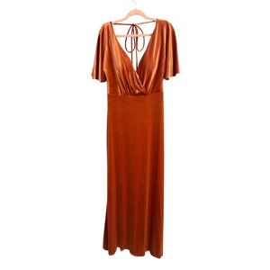 Velvet Wrap Maxi Dress Flutter Sleeve Tie Back Rust Orange Formal Evening
